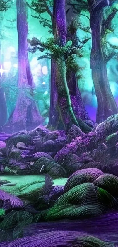 Enchanted forest with purple and green trees in a mystical setting.