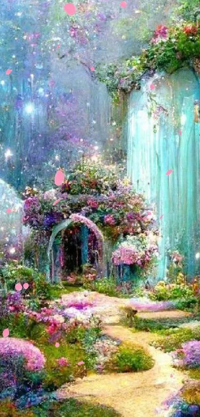 Enchanted fantasy garden with vibrant flowers and glowing lights.