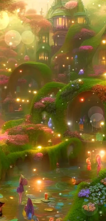 Magical fantasy garden with vibrant lights and whimsical structures.