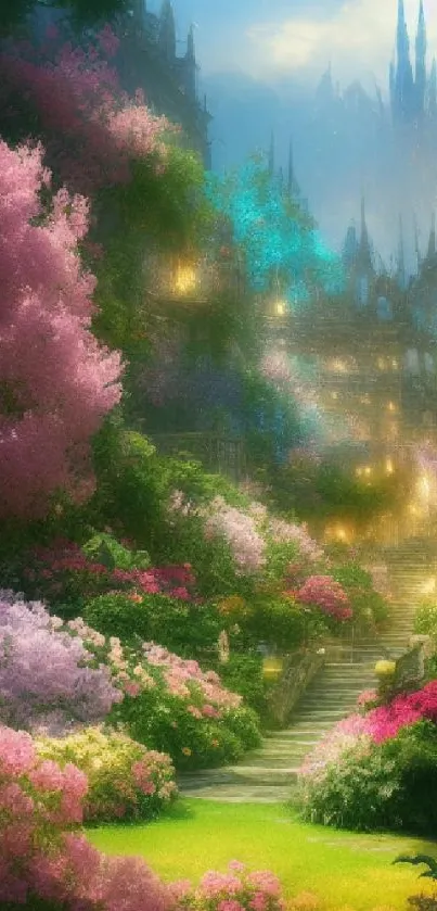 Enchanted garden landscape with castle backdrop, vibrant flowers, and lush greenery.