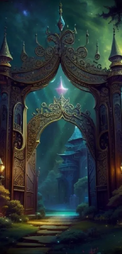 Intricate gate in a fantasy realm with glowing sky and magical aura.