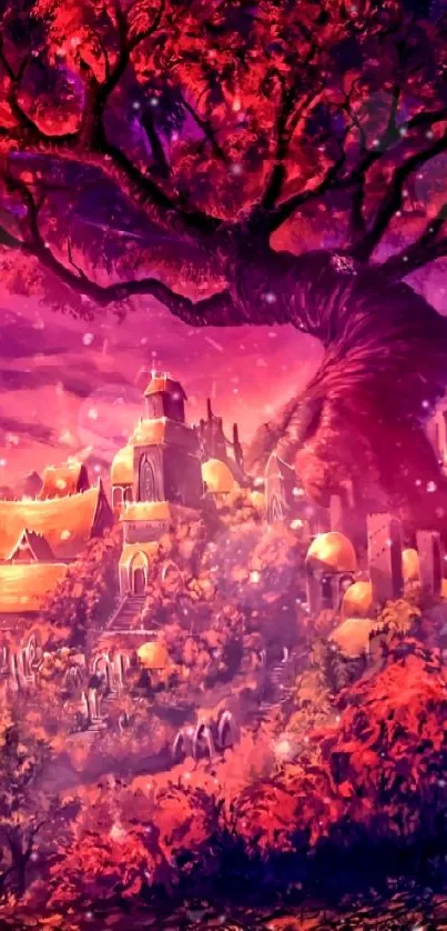 Vibrant enchanted tree fantasy wallpaper with red-orange hues.