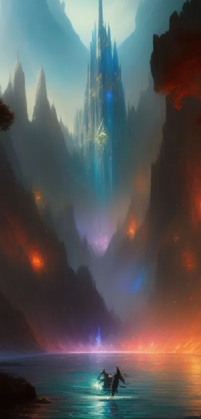 Mystical fantasy landscape with a glowing castle and vibrant colors.