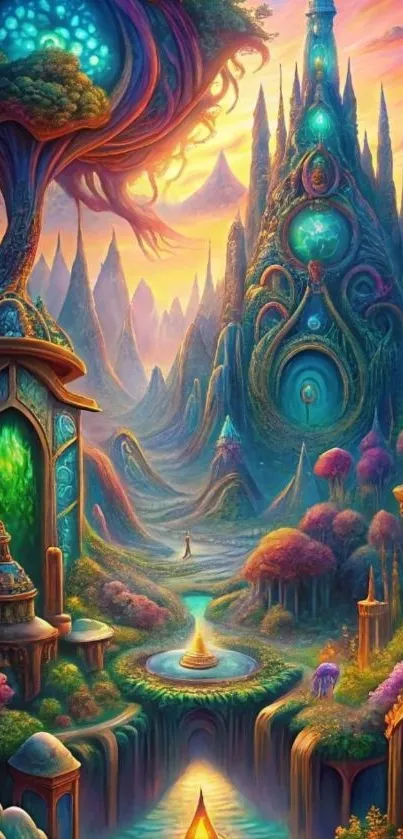 Fantasy landscape with mystical architecture and vibrant colors.