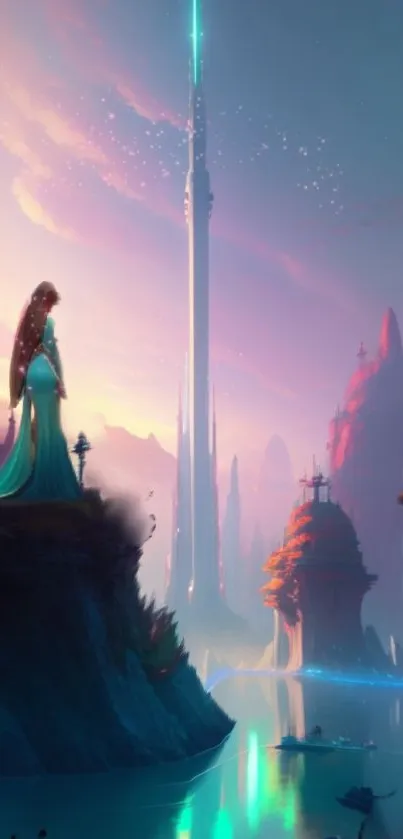 Fantasy landscape with a figure standing by a tower, under a pastel sky.