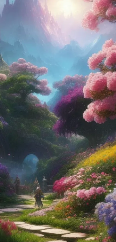 Enchanted fantasy landscape with vibrant colors and mystical elements on a mobile wallpaper.