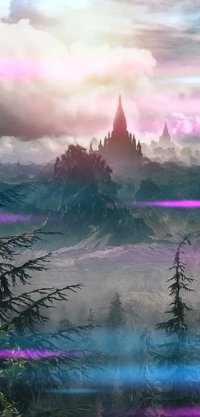 A mystical castle with pink clouds and colorful landscape in fantasy art.