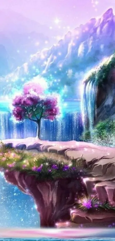 Fantasy landscape with pink tree and waterfall.