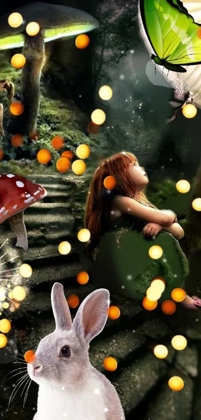 Fantasy wallpaper with fairies, mushrooms, and magical lights in a forest setting.