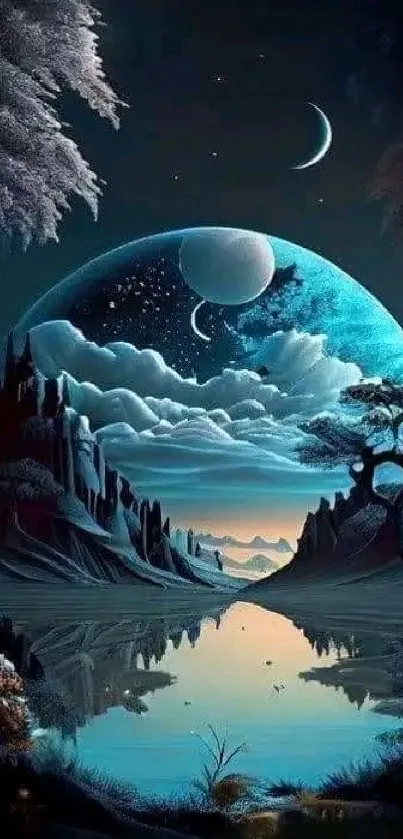 Fantasy night scene with crescent moons and starry sky over a serene landscape.