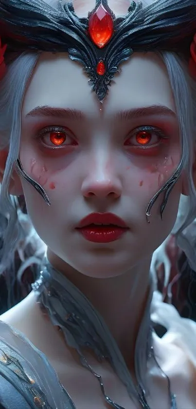 Fantasy princess with red eyes and roses in a gothic style portrait.