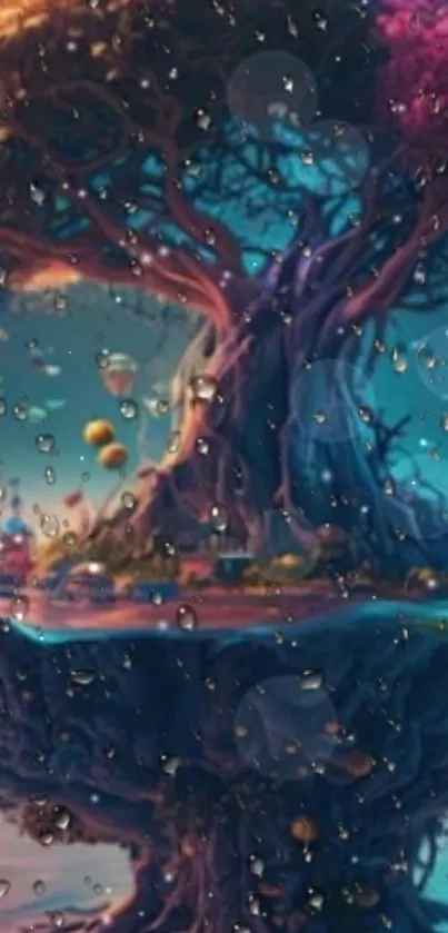 Enchanted tree with rain drops, vibrant colors and magical atmosphere.