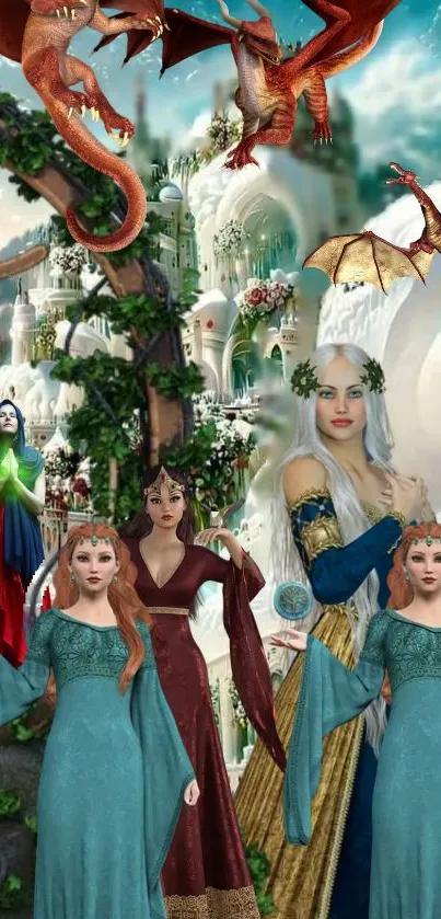 Fantasy realm with dragons and magical beings in a vibrant, enchanted landscape.