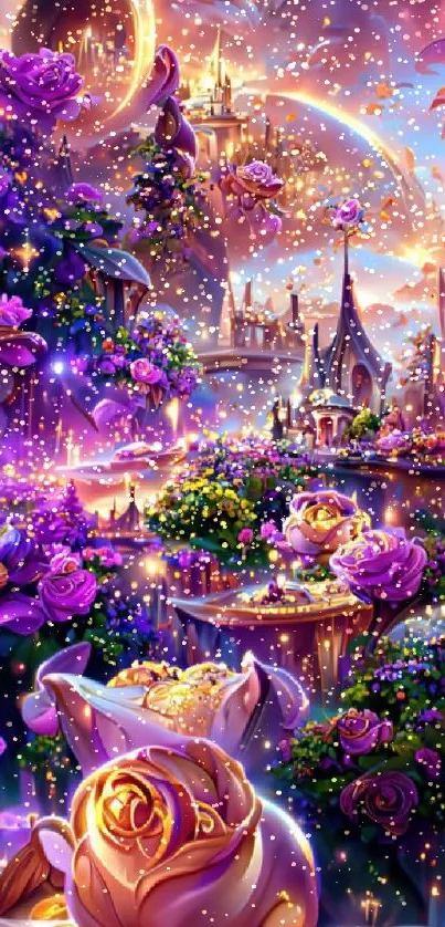 Enchanting purple rose garden fantasy wallpaper for mobile devices.