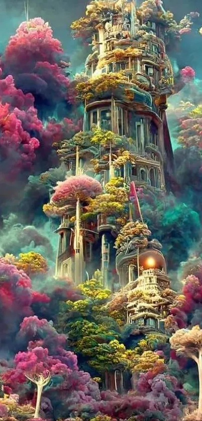 Enchanted fantasy tower with vibrant colors in surreal landscape.