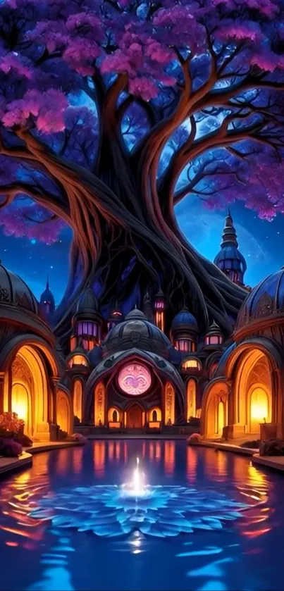 Enchanted castle with tree and water reflections at night.