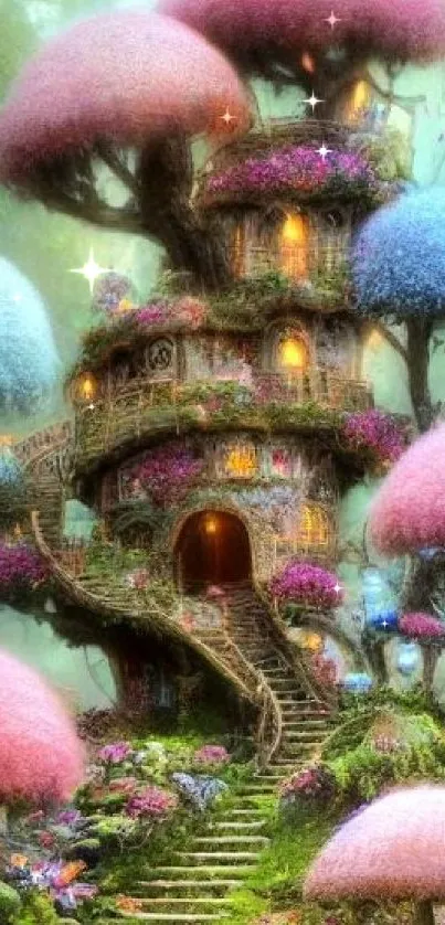 Enchanted tree house with pink fluffy trees in a magical forest landscape.