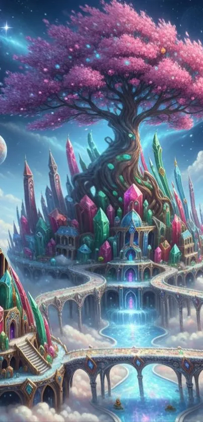 Fantasy landscape with pink tree and crystal structures in a mystical setting.