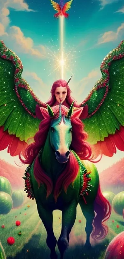 Fantasy art of a unicorn with glowing wings in a vibrant mystical landscape.