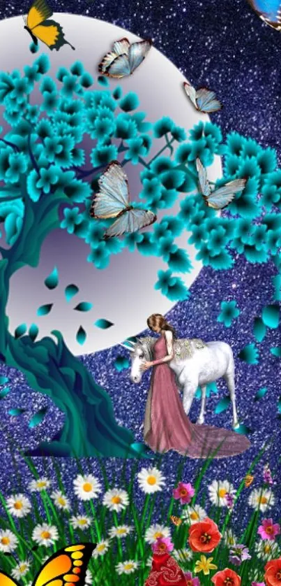 Fantasy wallpaper with a magical tree, butterflies, and unicorn under a moonlit sky.