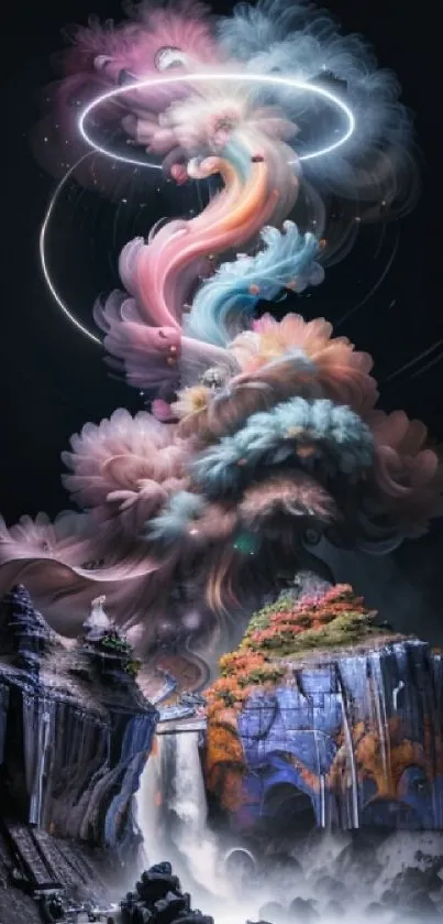 Fantasy waterfall with colorful, swirling clouds in a dark, mystical landscape.