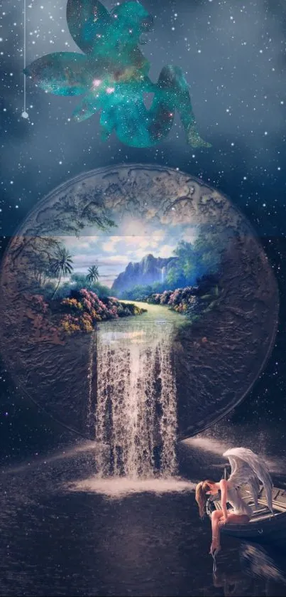 Fantasy waterfall art with celestial and enchanted elements.