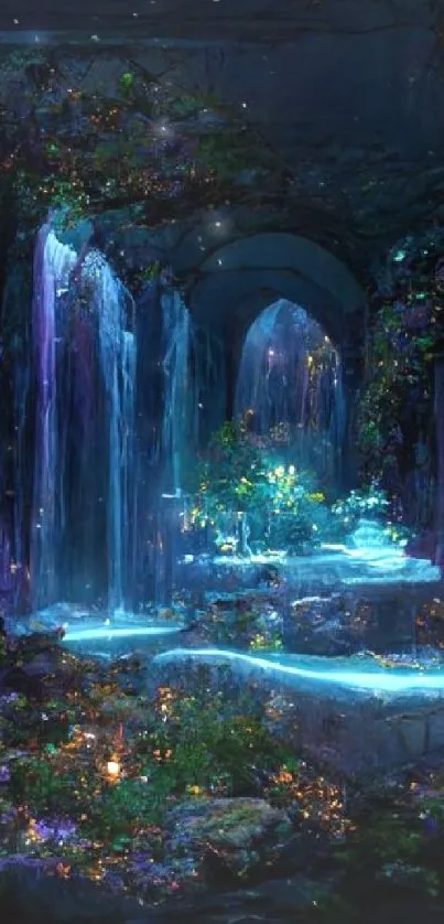 Enchanted glowing waterfalls in a mystical forest wallpaper.