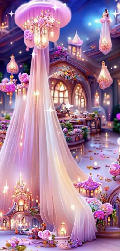 Enchanted fantasy wonderland with glowing lights and ethereal drapery.