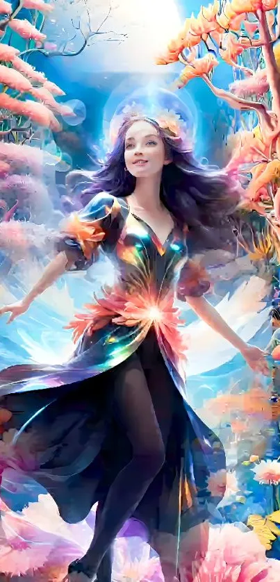 Enchanted fairy in vibrant fantasy world.