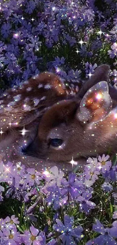 Sparkling fawn in lavender flower field wallpaper.