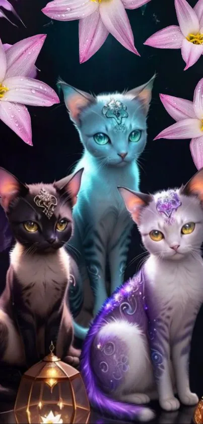 Mystical cats with flowers and lanterns in a fantasy scene.