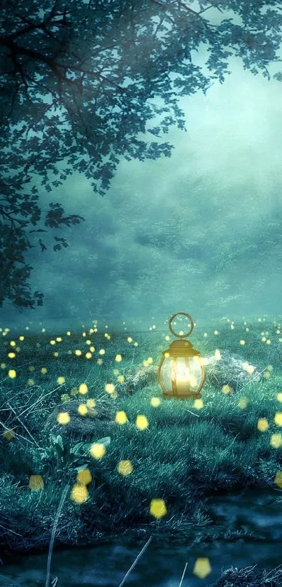 Mystical forest wallpaper with glowing fireflies and lantern at night.