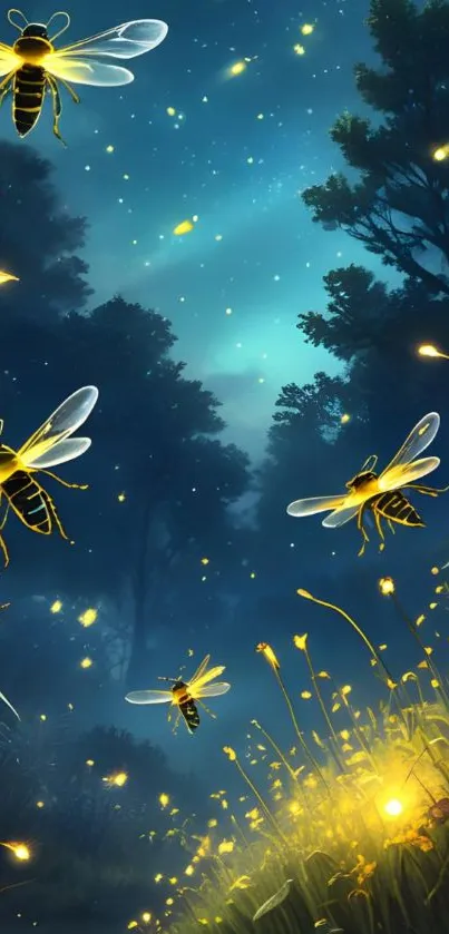 Magical forest with glowing fireflies at night.