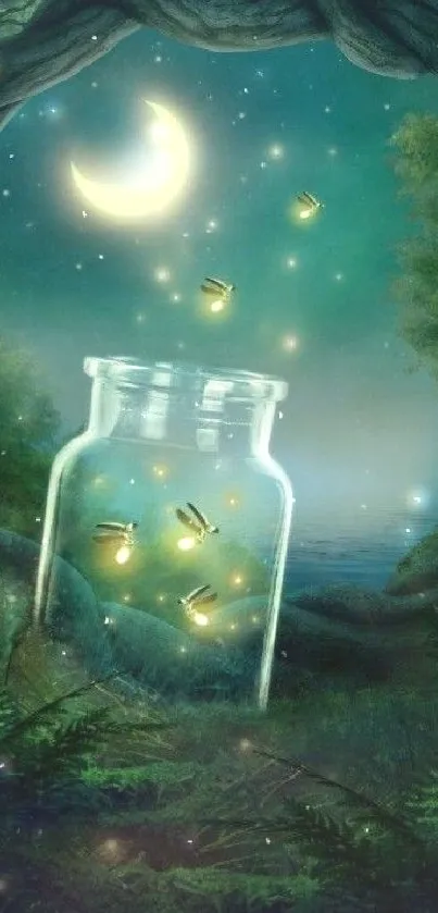 Fireflies in a jar under crescent moon in forest night.