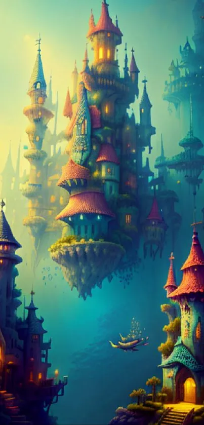 Mystical floating castle in a vibrant fantasy world with colorful spires.