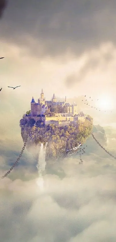 Fantasy floating castle amid clouds, serene and magical wallpaper.