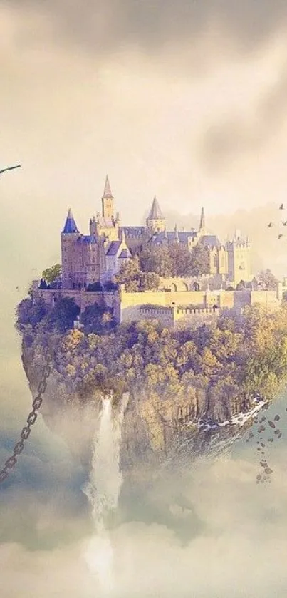 Floating castle under a dreamy sky, surrounded by birds and mystical scenery.