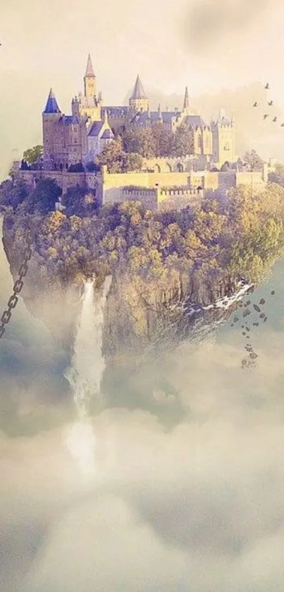 Floating castle in clouds with mystical chains.