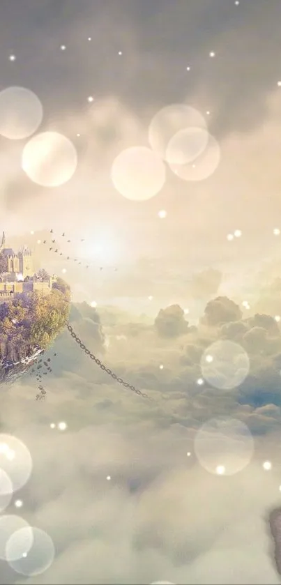 Floating castle above dreamy clouds in soft colors.