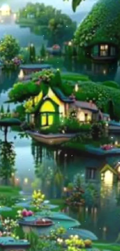 Floating village with lush greenery in a serene, fantasy-style landscape.