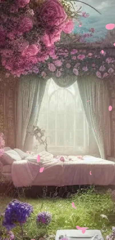 Enchanted floral bedroom with lush pink blooms and greenery.