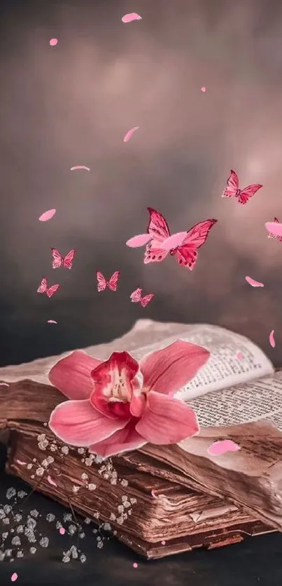 Open book with pink flowers and butterflies on a brown background.