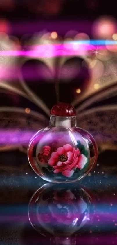 Glass bottle with pink flowers against a book and bokeh lights.