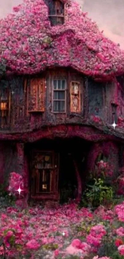 Enchanted cottage surrounded by vibrant pink flowers under a misty sky.