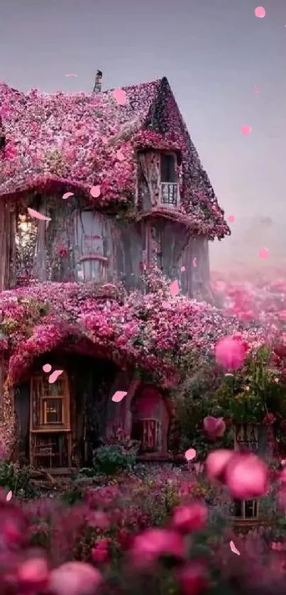 Enchanting cottage covered in pink blossoms, perfect for a serene mobile wallpaper.