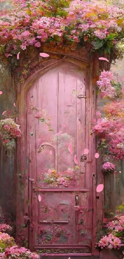 Enchanted doorway with pink flowers in mesmerizing wallpaper.