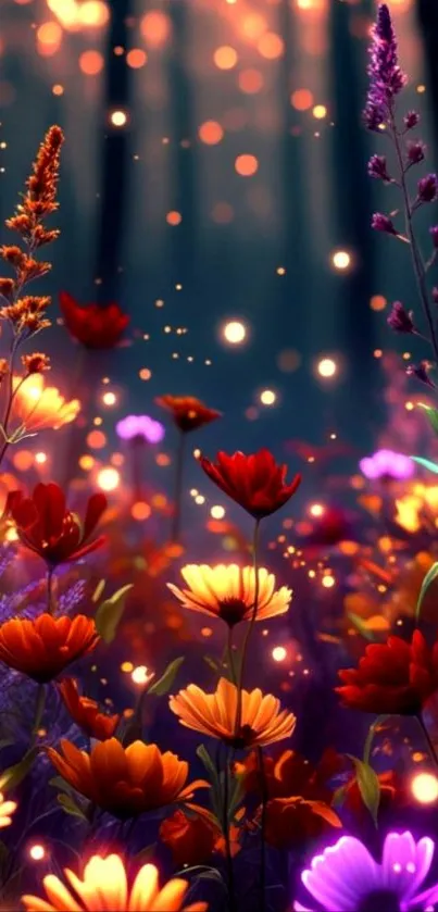 Enchanted flower garden with glowing lights.