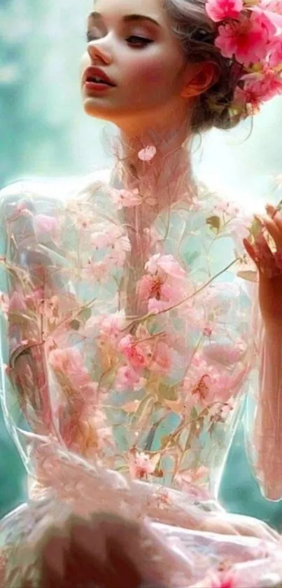 Woman surrounded by blossoms in serene floral wallpaper.