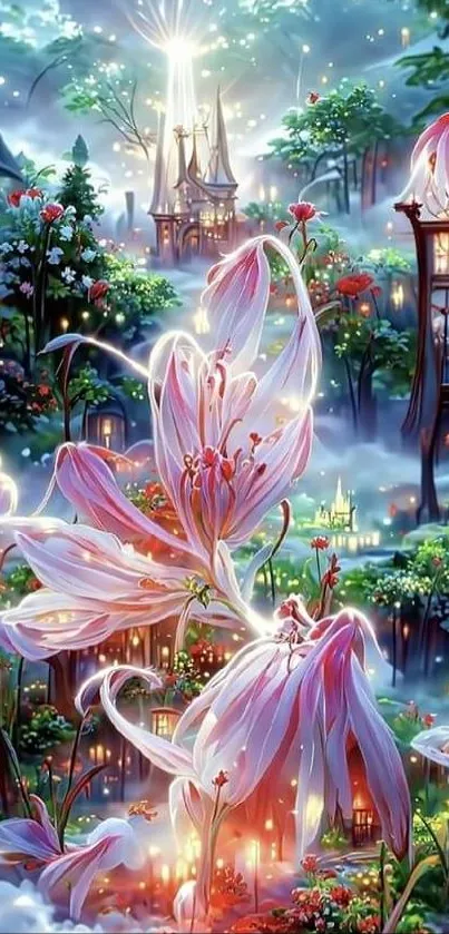 Enchanting fantasy garden with glowing flowers and mystical lights.