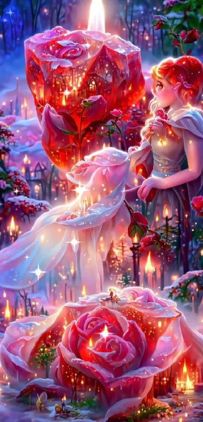 Enchanting art with red roses and a magical glow.